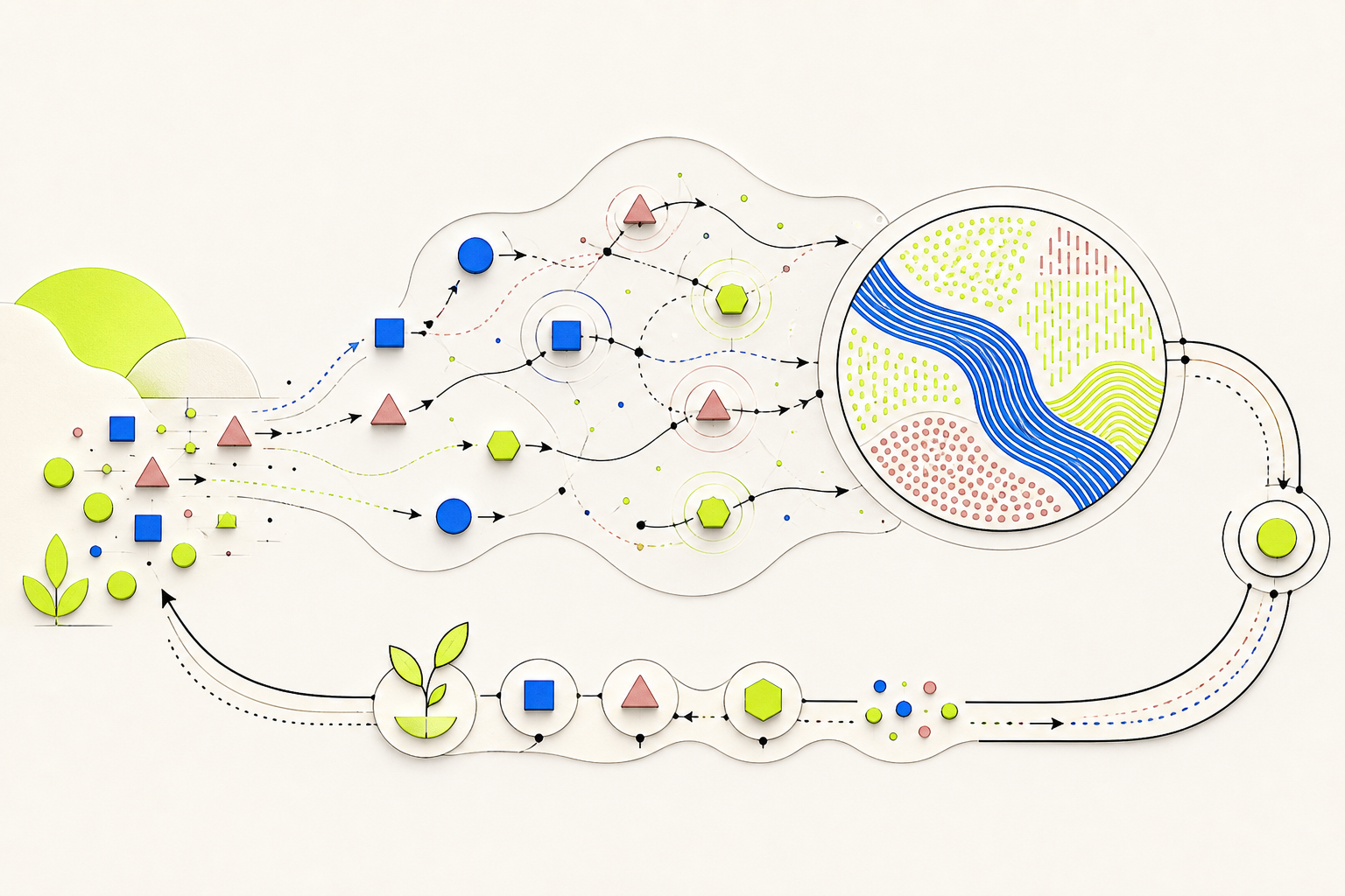 Different geometric agents following local paths, combining into a larger pattern, and sending feedback around a loop